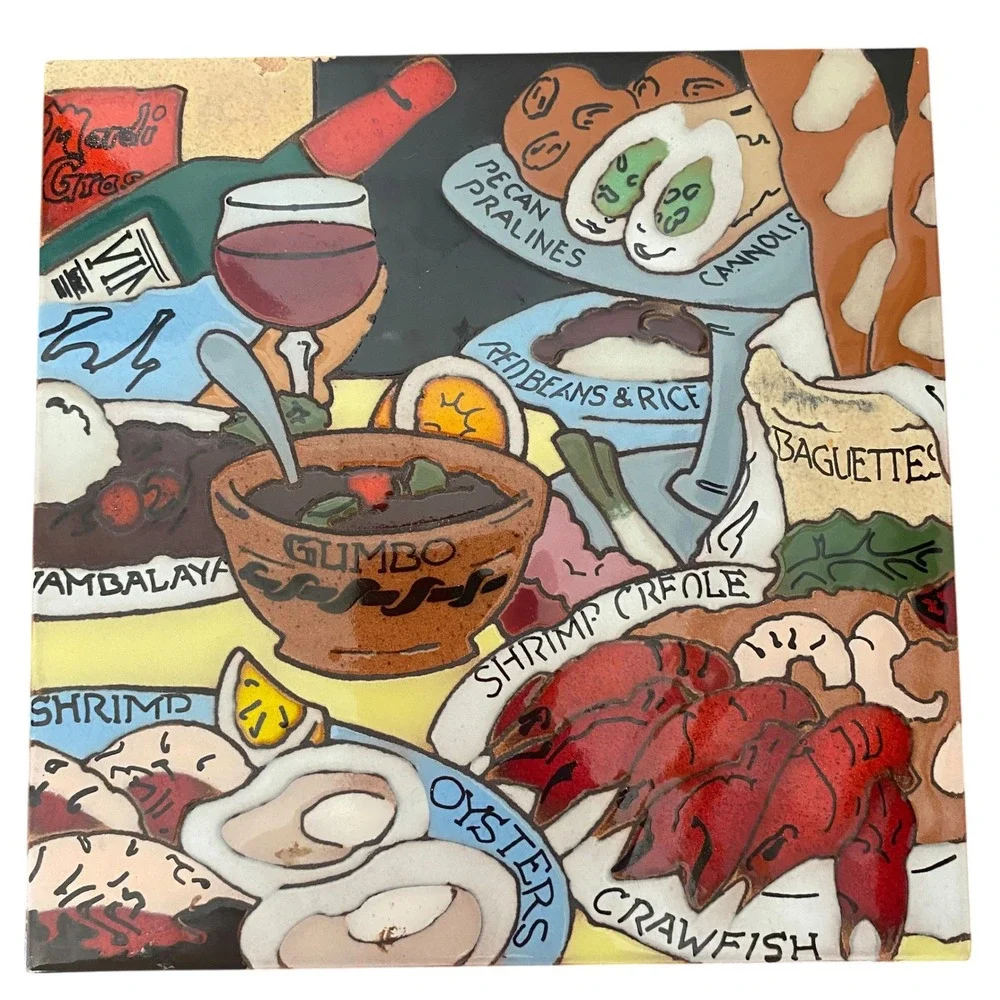 New Orleans 90s Gourmet Art Tile Trivet‎ Gumbo Crawfish Louisiana Mardi Gras 8